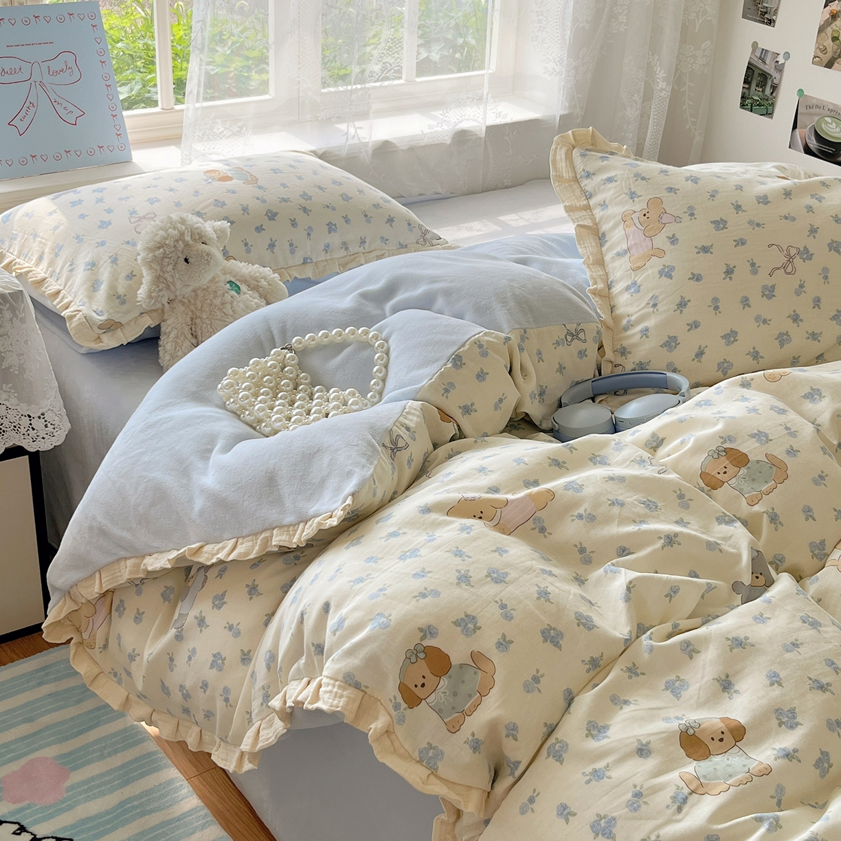 91家纺网 家纺一手货源 找家纺 桃子家居 2025新款A类韩版花边皱皱纱纯棉有氧双层纱加全消光加厚牛奶绒高品质棉加绒暖纱绒四件套 暖纱绒-蓝花小狗