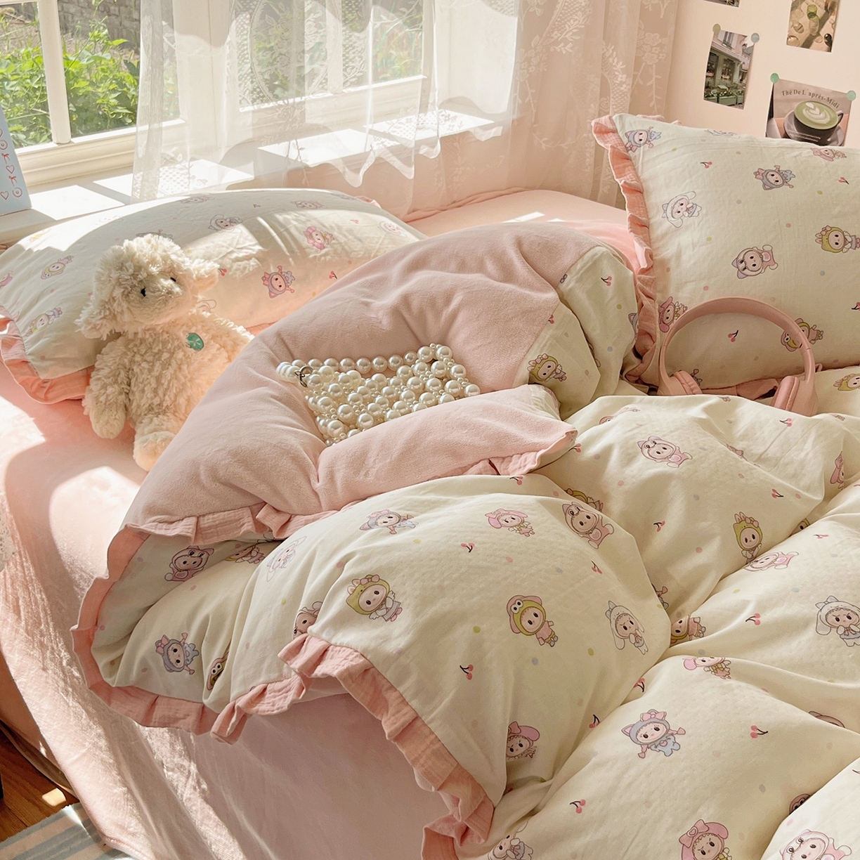 91家纺网 家纺一手货源 找家纺 桃子家居 2025新款A类韩版花边皱皱纱纯棉有氧双层纱加全消光加厚牛奶绒高品质棉加绒暖纱绒四件套 暖纱绒-小可爱