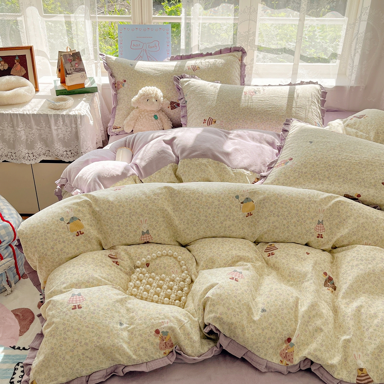 91家纺网 家纺一手货源 找家纺 桃子家居 2025新款A类韩版花边皱皱纱纯棉有氧双层纱加全消光加厚牛奶绒高品质棉加绒暖纱绒四件套 暖纱绒-美美兔