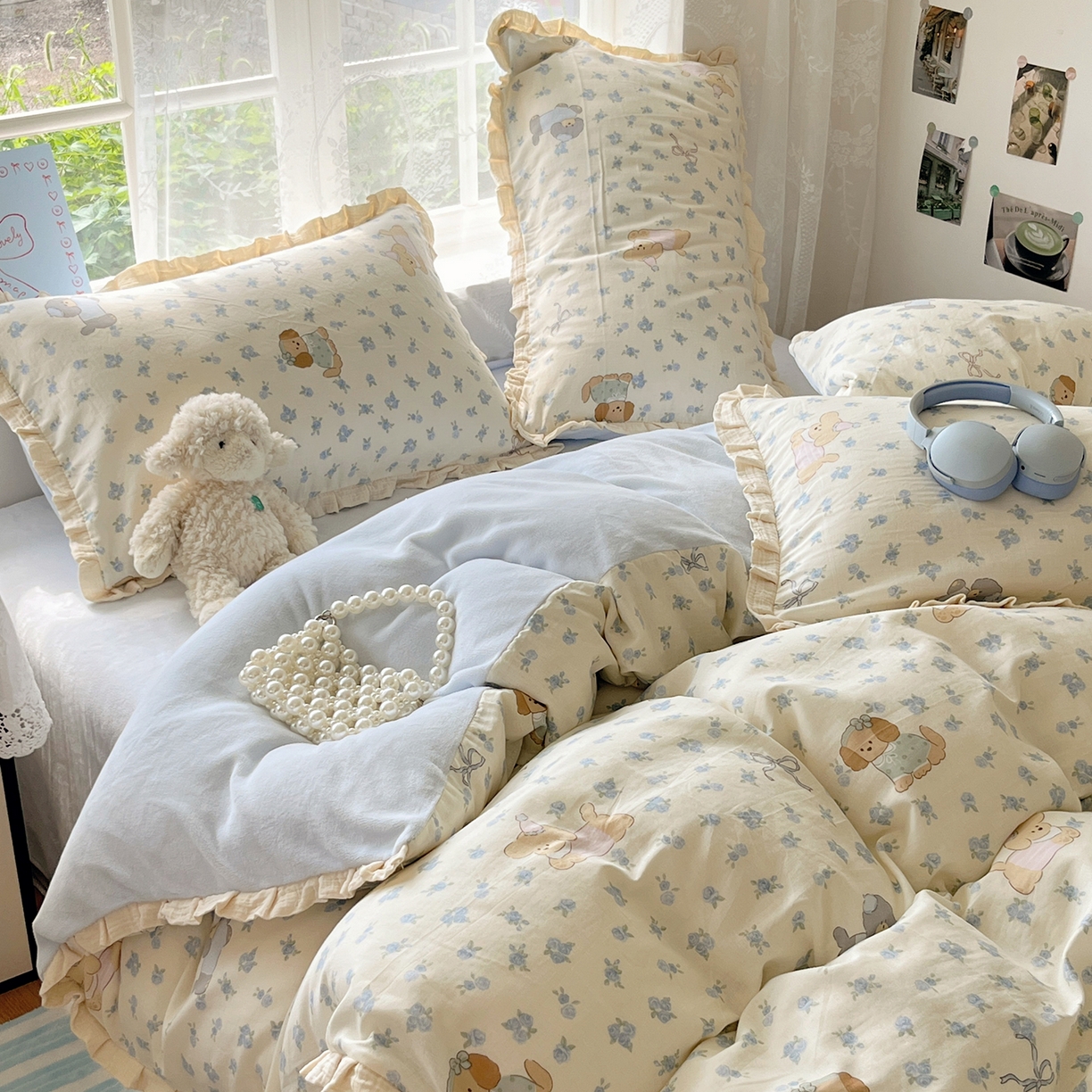 91家纺网 家纺一手货源 找家纺 桃子家居 2025新款A类韩版花边皱皱纱纯棉有氧双层纱加全消光加厚牛奶绒高品质棉加绒暖纱绒四件套 暖纱绒-蓝花小狗