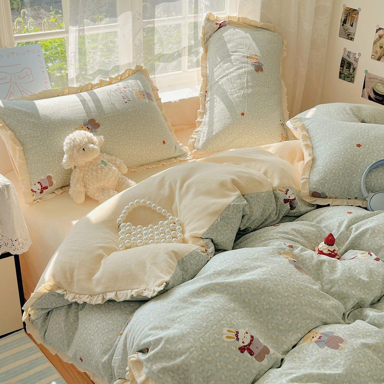 91家纺网 家纺一手货源 找家纺 桃子家居 2025新款A类韩版花边皱皱纱纯棉有氧双层纱加全消光加厚牛奶绒高品质棉加绒暖纱绒四件套 暖纱绒-小确幸