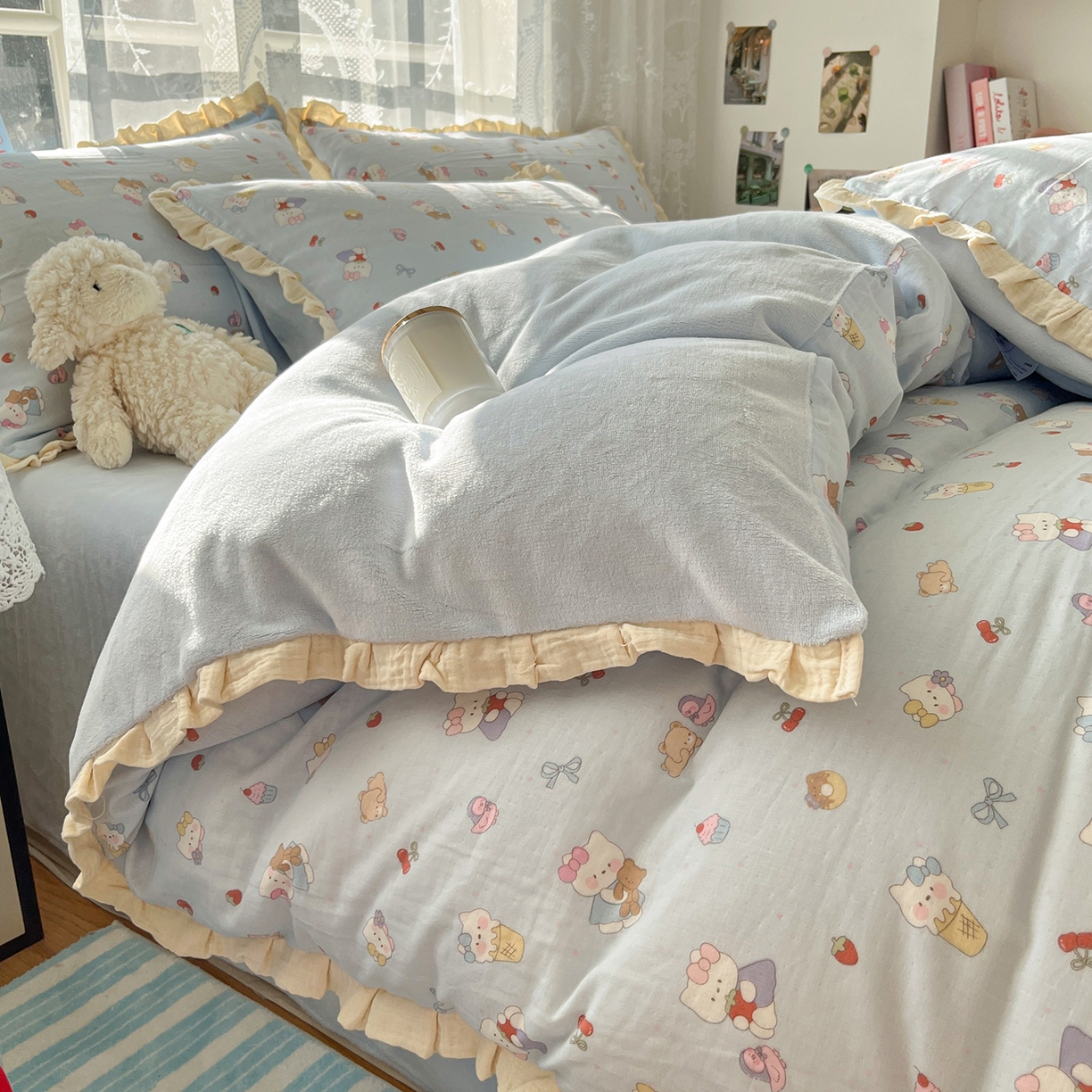 91家纺网 家纺一手货源 找家纺 桃子家居 2025新款A类韩版花边皱皱纱纯棉有氧双层纱加全消光加厚牛奶绒高品质棉加绒暖纱绒四件套 暖纱绒-喵可爱蓝