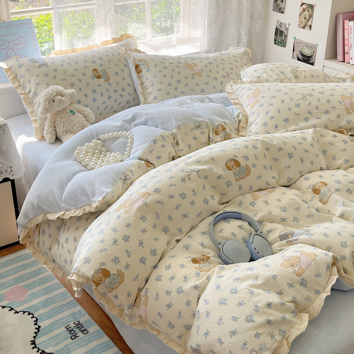 91家纺网 家纺一手货源 找家纺 桃子家居 2025新款A类韩版花边皱皱纱纯棉有氧双层纱加全消光加厚牛奶绒高品质棉加绒暖纱绒四件套 暖纱绒-蓝花小狗