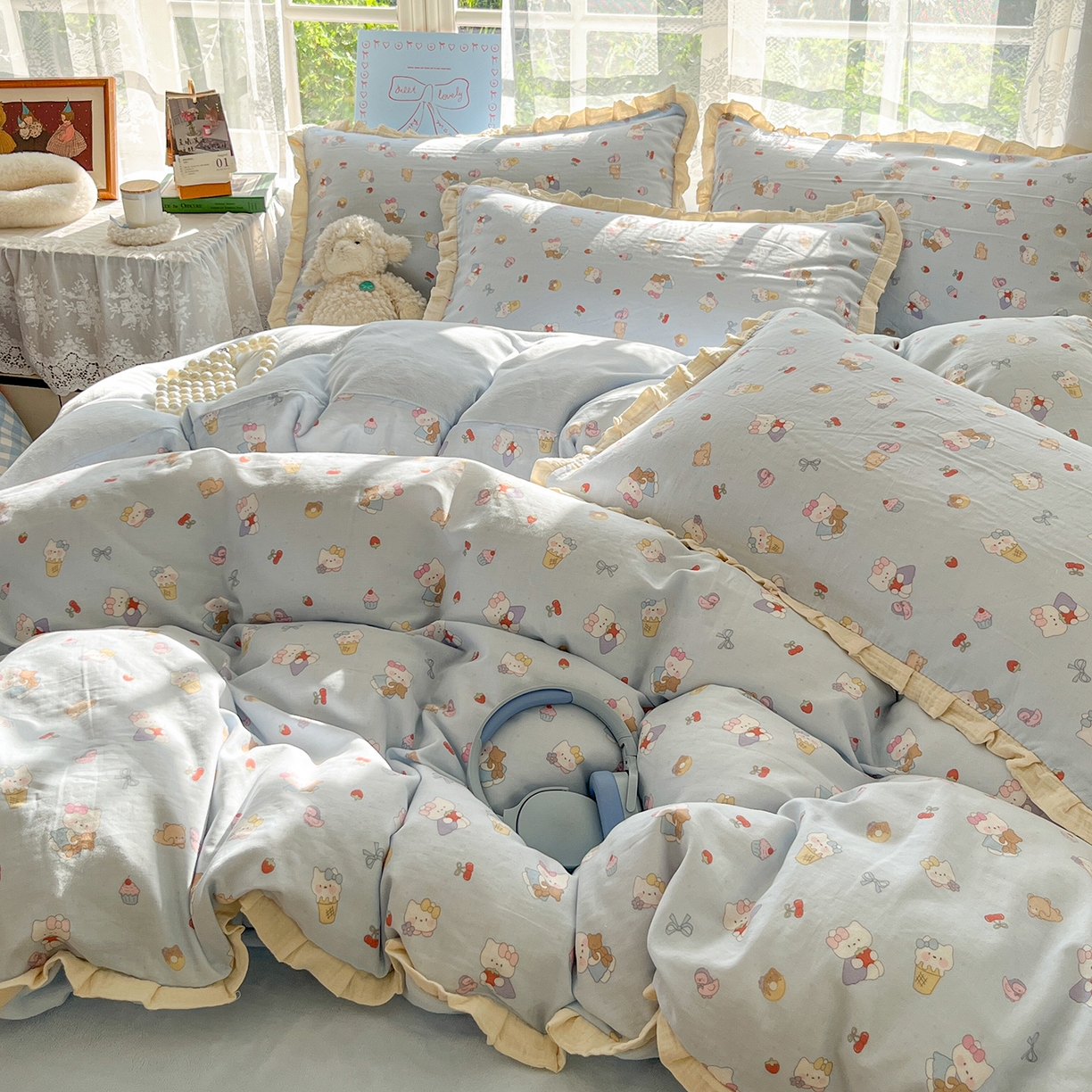 91家纺网 家纺一手货源 找家纺 桃子家居 2025新款A类韩版花边皱皱纱纯棉有氧双层纱加全消光加厚牛奶绒高品质棉加绒暖纱绒四件套 暖纱绒-喵可爱蓝