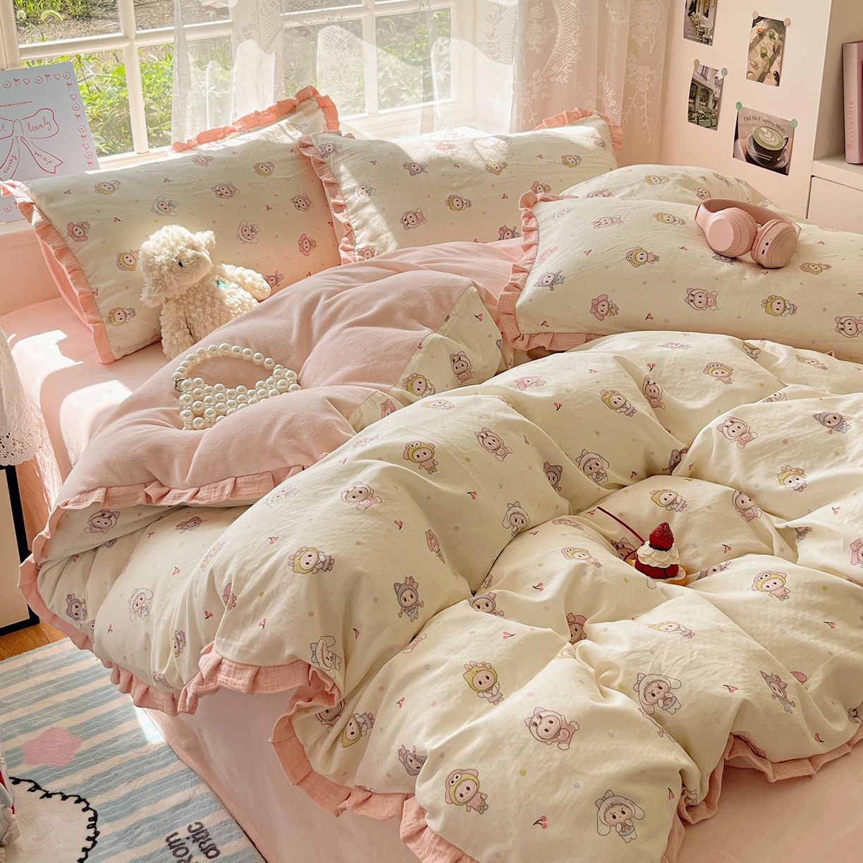 91家纺网 家纺一手货源 找家纺 桃子家居 2025新款A类韩版花边皱皱纱纯棉有氧双层纱加全消光加厚牛奶绒高品质棉加绒暖纱绒四件套 暖纱绒-小可爱