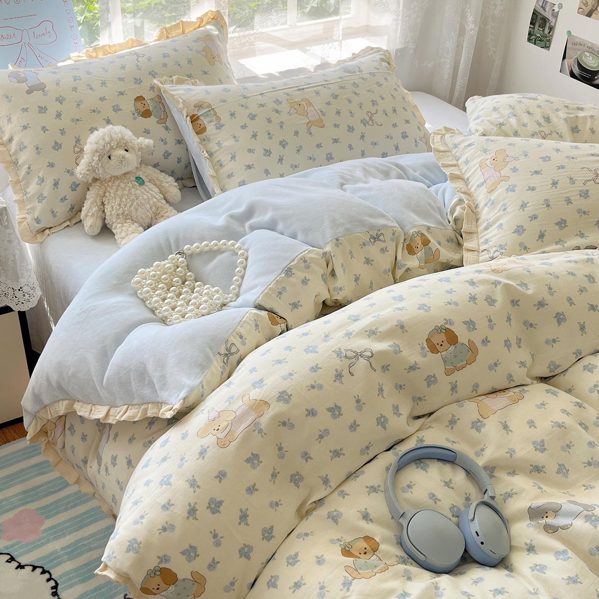 91家纺网 家纺一手货源 找家纺 桃子家居 2025新款A类韩版花边皱皱纱纯棉有氧双层纱加全消光加厚牛奶绒高品质棉加绒暖纱绒四件套 暖纱绒-蓝花小狗