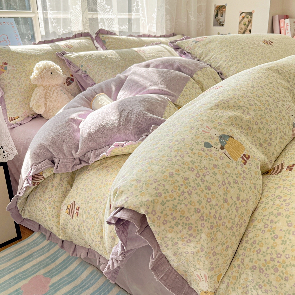 91家纺网 家纺一手货源 找家纺 桃子家居 2025新款A类韩版花边皱皱纱纯棉有氧双层纱加全消光加厚牛奶绒高品质棉加绒暖纱绒四件套 暖纱绒-美美兔