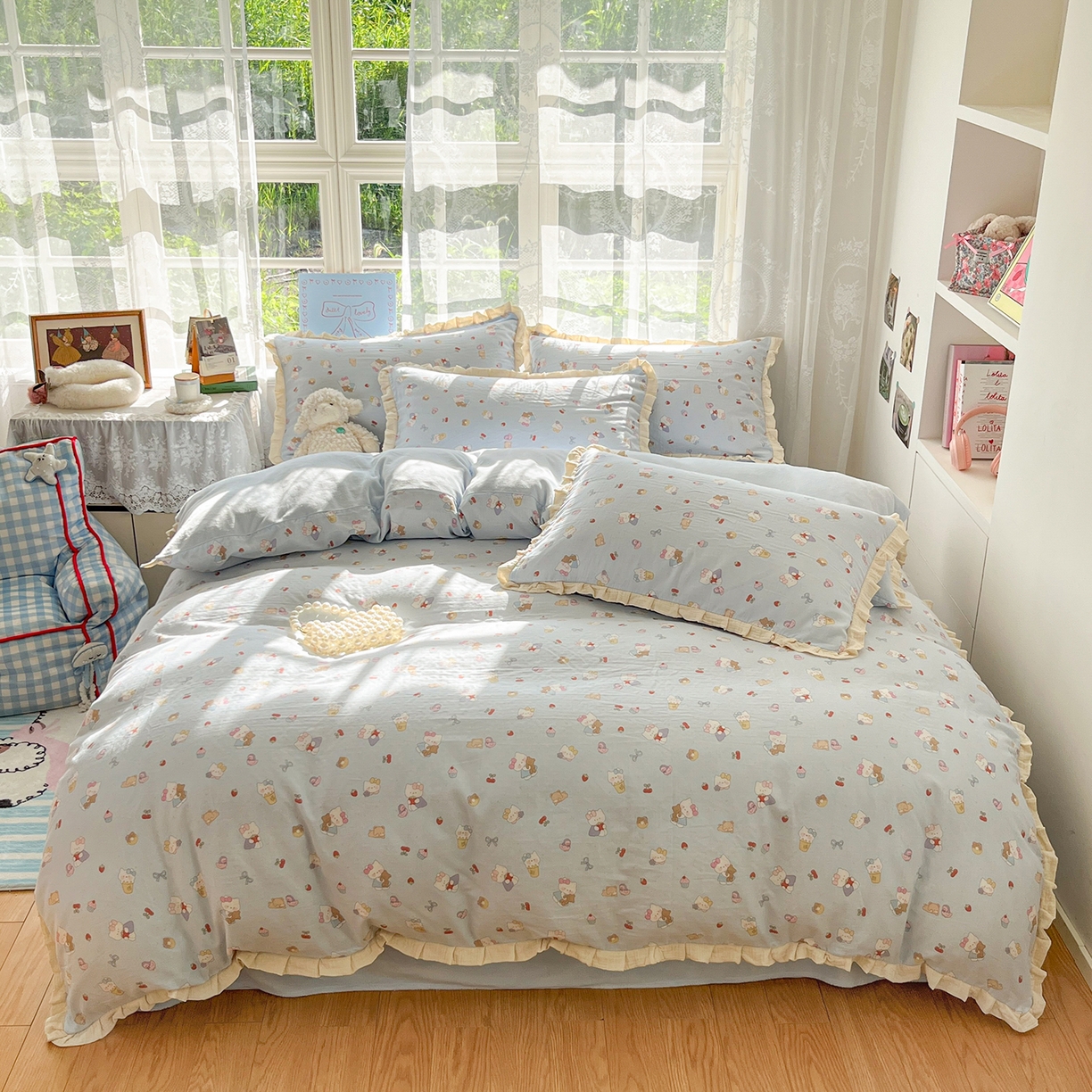 91家纺网 家纺一手货源 找家纺 桃子家居 2025新款A类韩版花边皱皱纱纯棉有氧双层纱加全消光加厚牛奶绒高品质棉加绒暖纱绒四件套 暖纱绒-喵可爱蓝