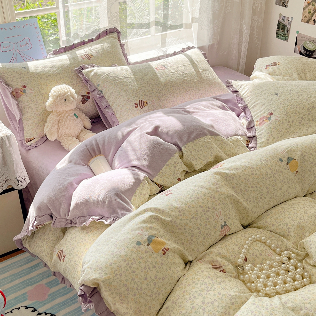 91家纺网 家纺一手货源 找家纺 桃子家居 2025新款A类韩版花边皱皱纱纯棉有氧双层纱加全消光加厚牛奶绒高品质棉加绒暖纱绒四件套 暖纱绒-美美兔