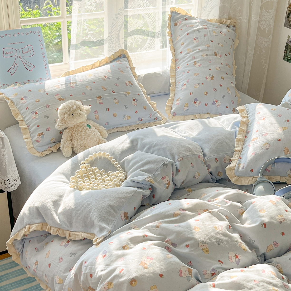 91家纺网 家纺一手货源 找家纺 桃子家居 2025新款A类韩版花边皱皱纱纯棉有氧双层纱加全消光加厚牛奶绒高品质棉加绒暖纱绒四件套 暖纱绒-喵可爱蓝