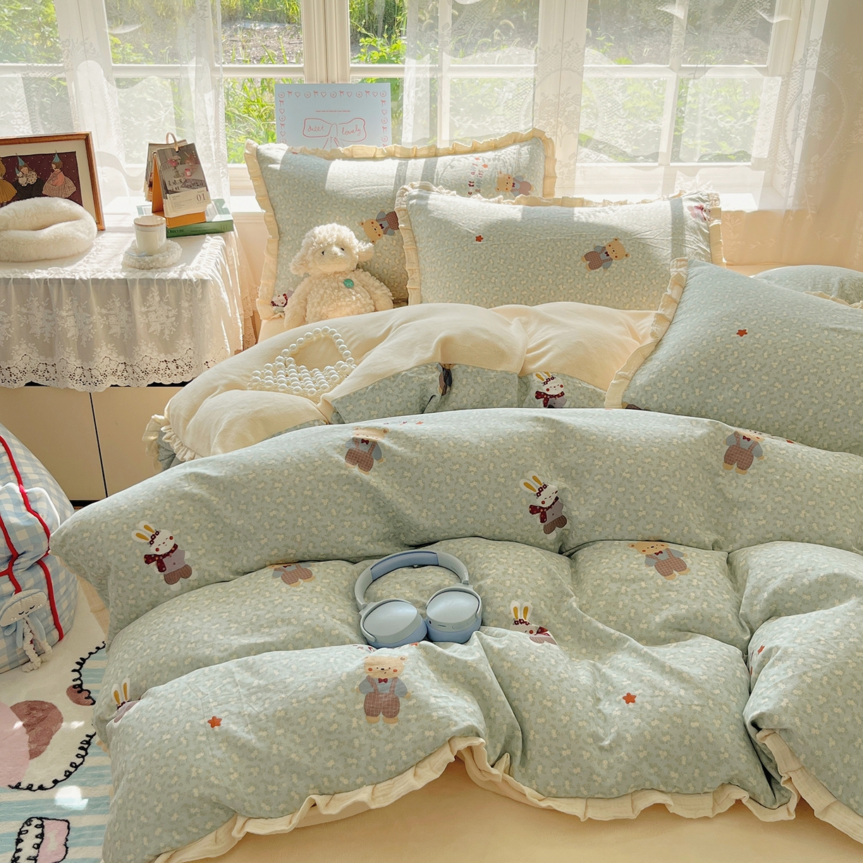 91家纺网 家纺一手货源 找家纺 桃子家居 2025新款A类韩版花边皱皱纱纯棉有氧双层纱加全消光加厚牛奶绒高品质棉加绒暖纱绒四件套 暖纱绒-小确幸