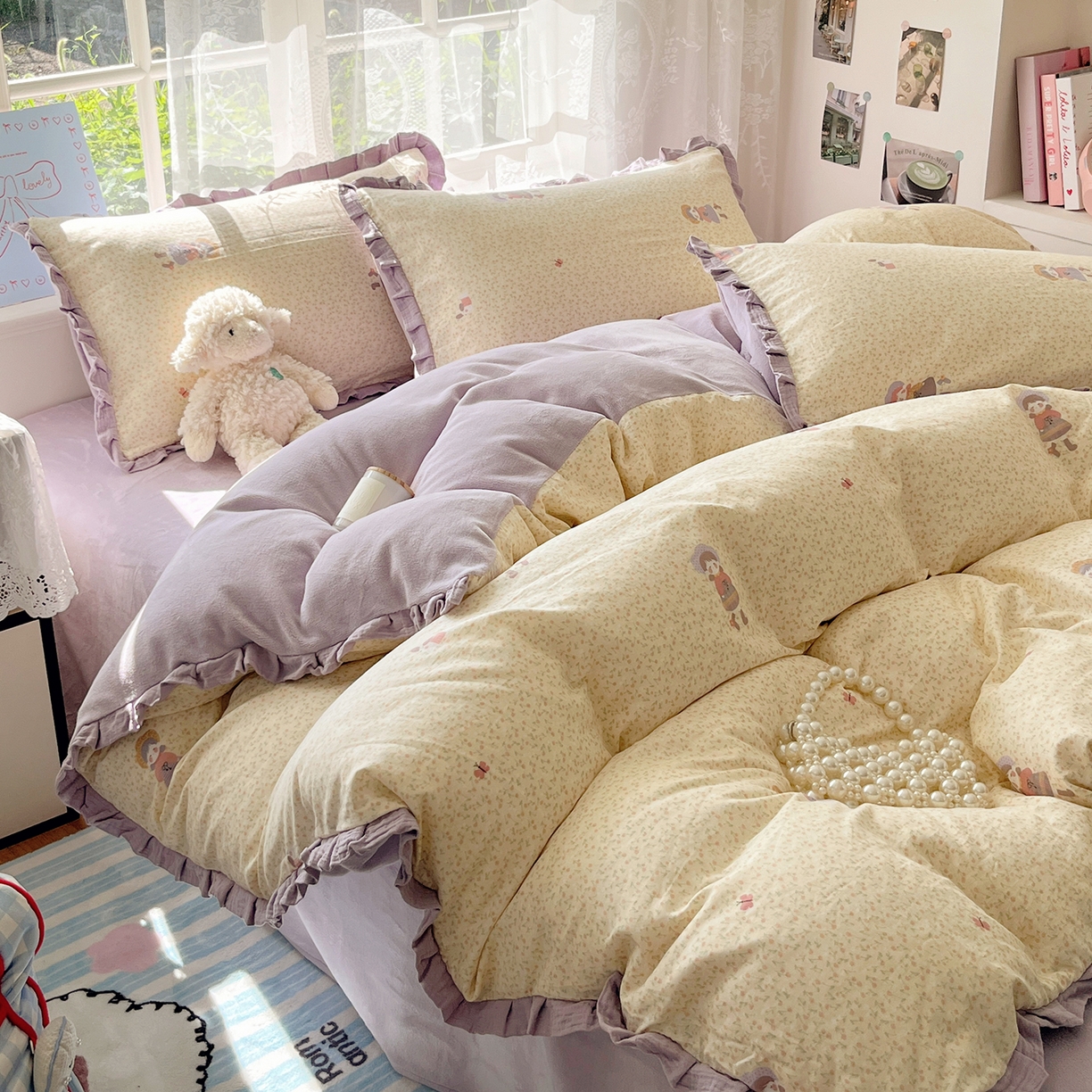 91家纺网 家纺一手货源 找家纺 桃子家居 2025新款A类韩版花边皱皱纱纯棉有氧双层纱加全消光加厚牛奶绒高品质棉加绒暖纱绒四件套 暖纱绒-蝴蝶女孩