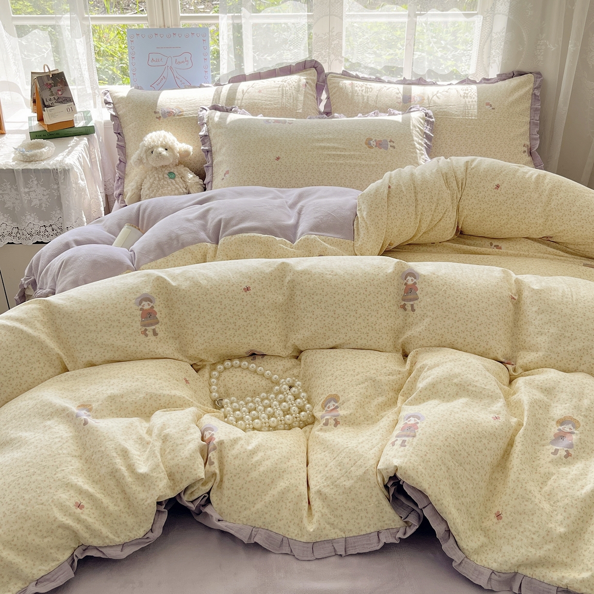 91家纺网 家纺一手货源 找家纺 桃子家居 2025新款A类韩版花边皱皱纱纯棉有氧双层纱加全消光加厚牛奶绒高品质棉加绒暖纱绒四件套 暖纱绒-蝴蝶女孩