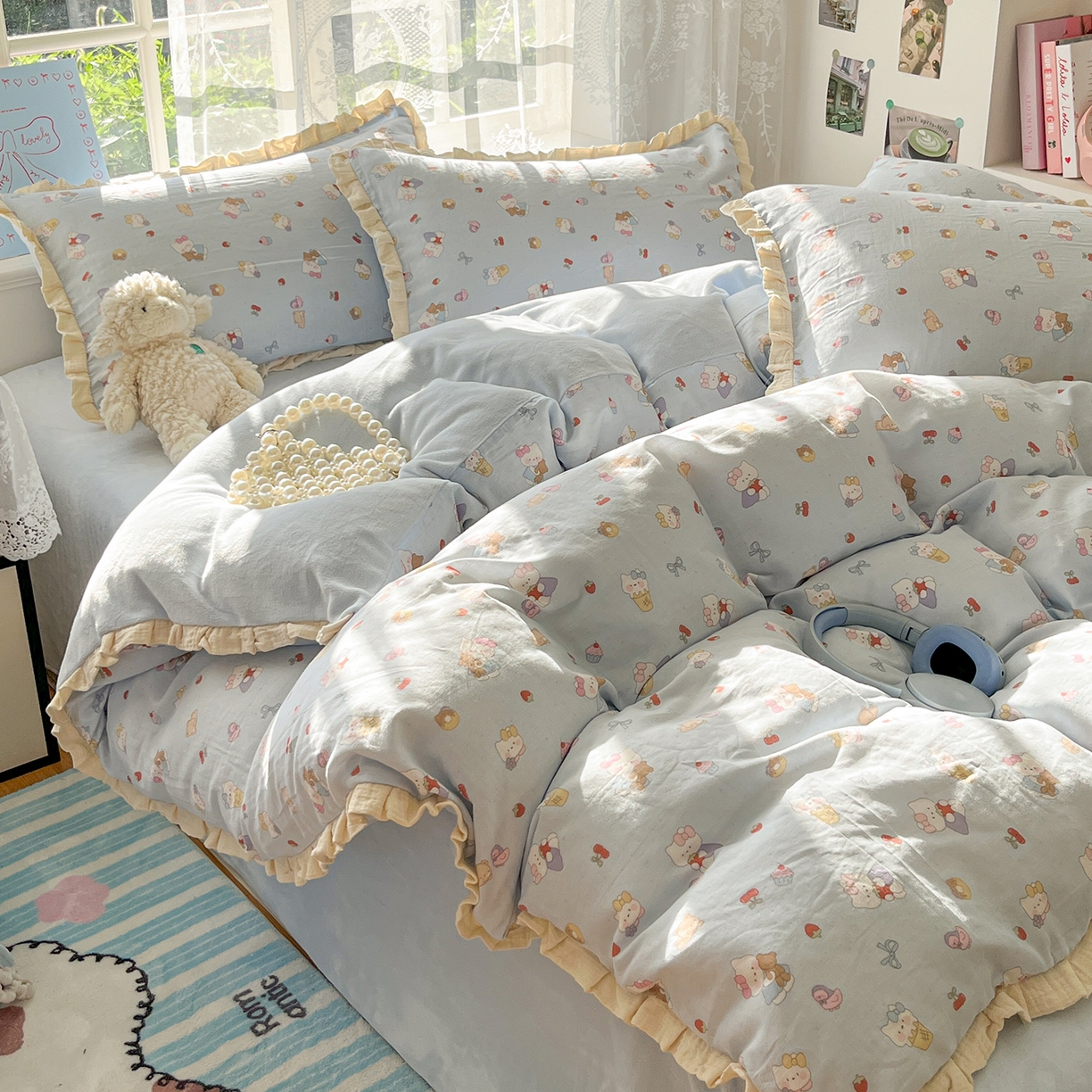 91家纺网 家纺一手货源 找家纺 桃子家居 2025新款A类韩版花边皱皱纱纯棉有氧双层纱加全消光加厚牛奶绒高品质棉加绒暖纱绒四件套 暖纱绒-喵可爱蓝