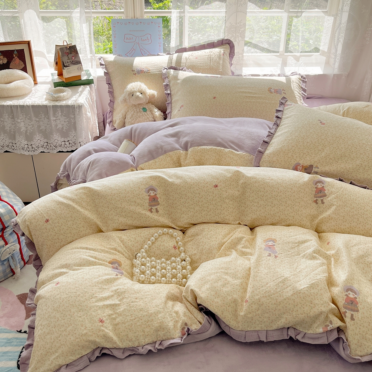 91家纺网 家纺一手货源 找家纺 桃子家居 2025新款A类韩版花边皱皱纱纯棉有氧双层纱加全消光加厚牛奶绒高品质棉加绒暖纱绒四件套 暖纱绒-蝴蝶女孩