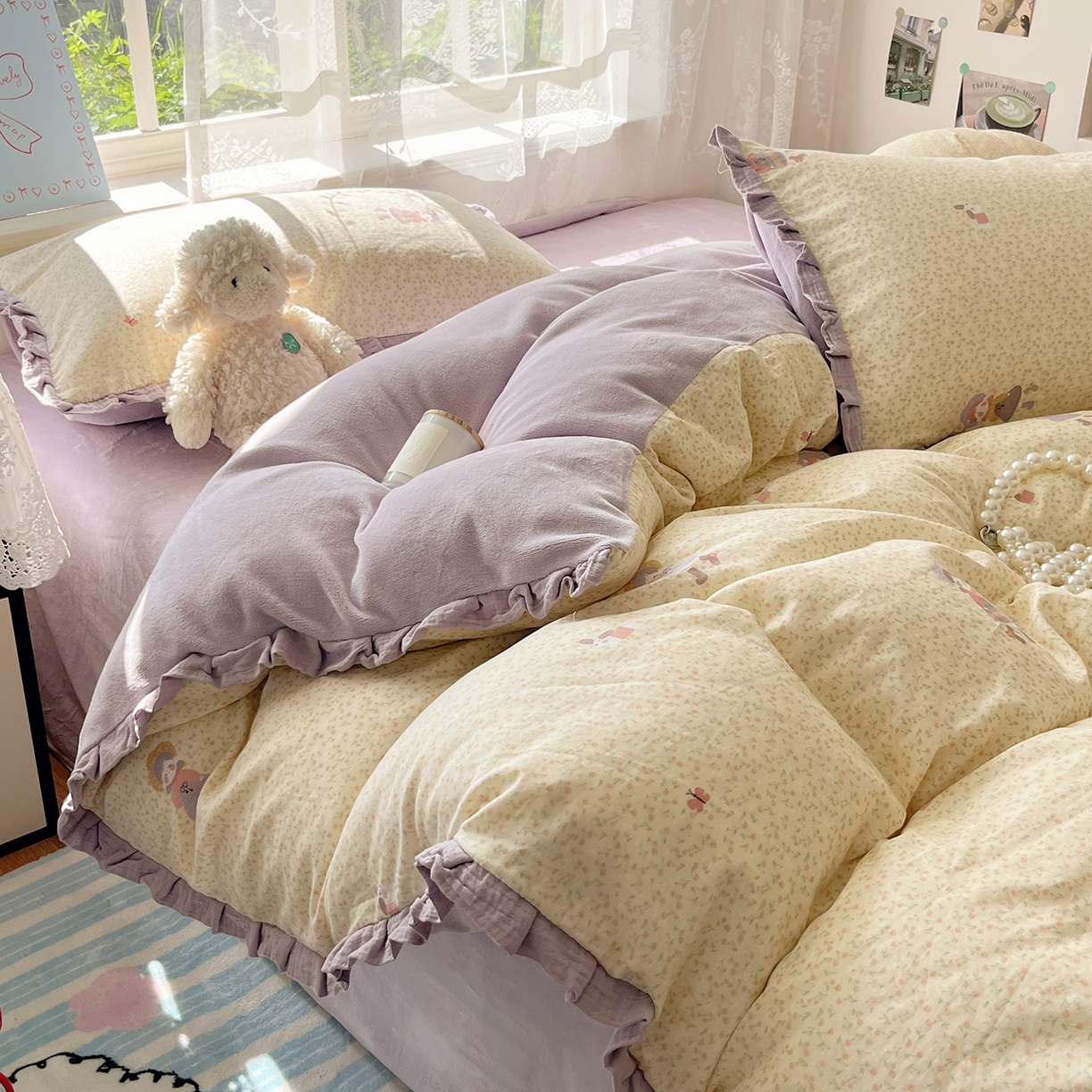 91家纺网 家纺一手货源 找家纺 桃子家居 2025新款A类韩版花边皱皱纱纯棉有氧双层纱加全消光加厚牛奶绒高品质棉加绒暖纱绒四件套 暖纱绒-蝴蝶女孩