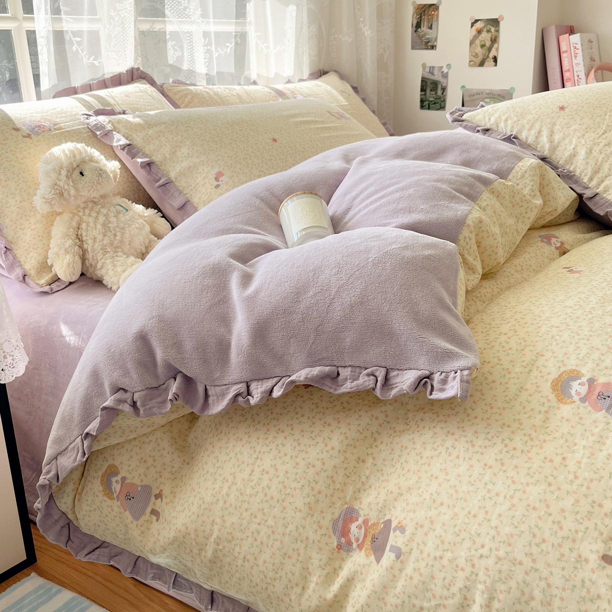 91家纺网 家纺一手货源 找家纺 桃子家居 2025新款A类韩版花边皱皱纱纯棉有氧双层纱加全消光加厚牛奶绒高品质棉加绒暖纱绒四件套 暖纱绒-蝴蝶女孩