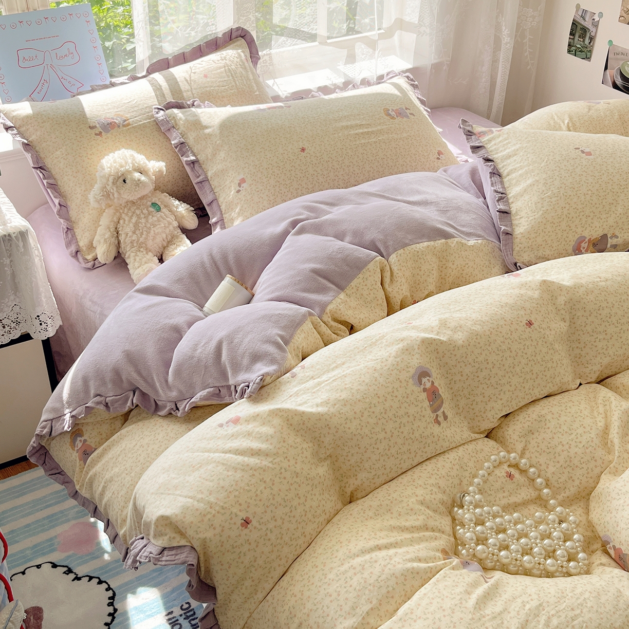 91家纺网 家纺一手货源 找家纺 桃子家居 2025新款A类韩版花边皱皱纱纯棉有氧双层纱加全消光加厚牛奶绒高品质棉加绒暖纱绒四件套 暖纱绒-蝴蝶女孩