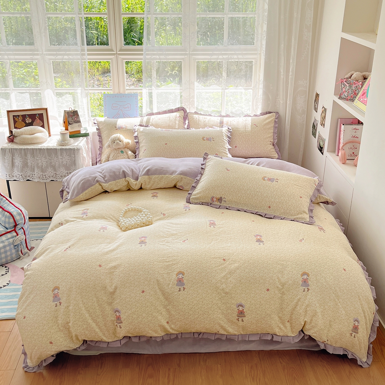 91家纺网 家纺一手货源 找家纺 桃子家居 2025新款A类韩版花边皱皱纱纯棉有氧双层纱加全消光加厚牛奶绒高品质棉加绒暖纱绒四件套 暖纱绒-蝴蝶女孩