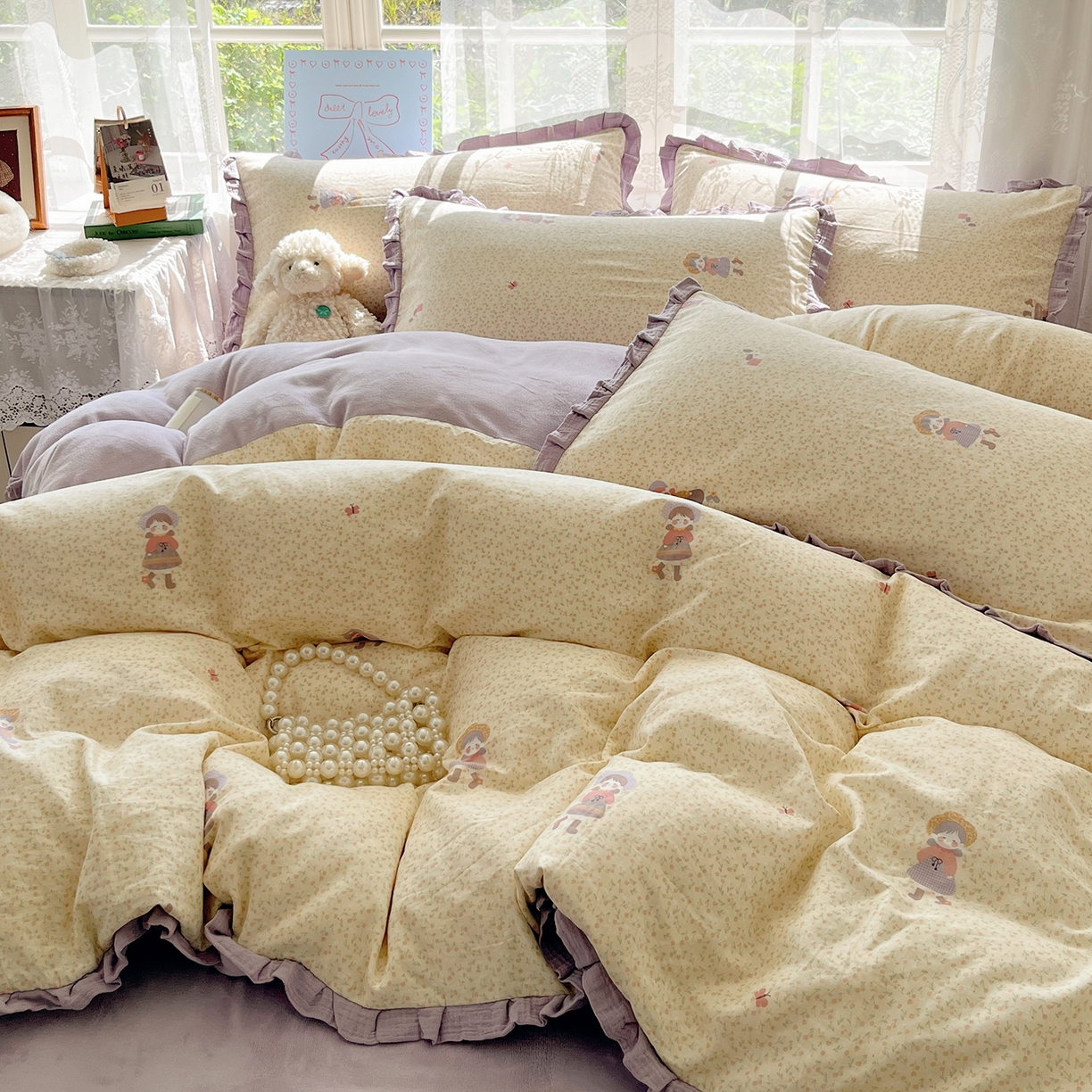 91家纺网 家纺一手货源 找家纺 桃子家居 2025新款A类韩版花边皱皱纱纯棉有氧双层纱加全消光加厚牛奶绒高品质棉加绒暖纱绒四件套 暖纱绒-蝴蝶女孩