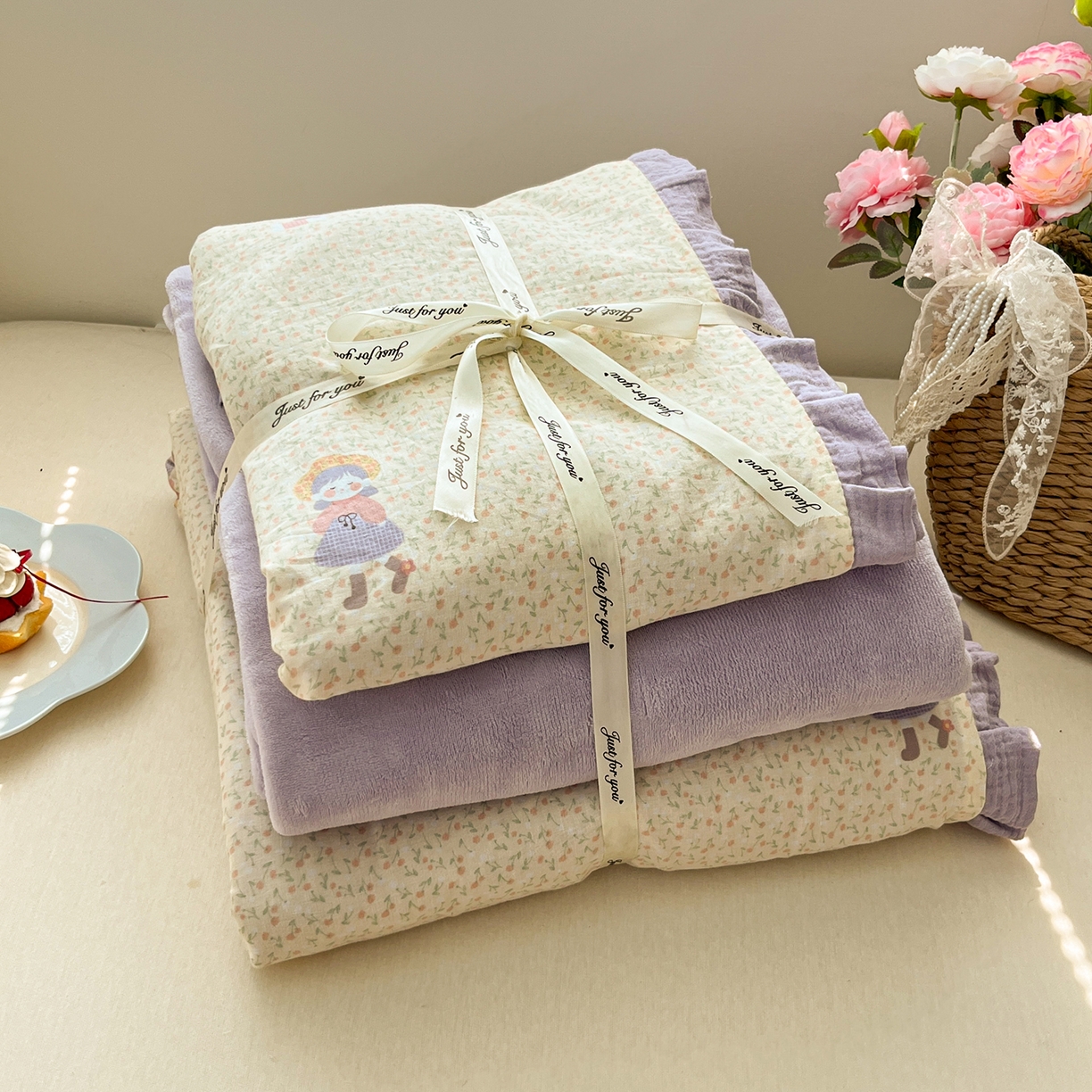 91家纺网 家纺一手货源 找家纺 桃子家居 2025新款A类韩版花边皱皱纱纯棉有氧双层纱加全消光加厚牛奶绒高品质棉加绒暖纱绒四件套 暖纱绒-蝴蝶女孩