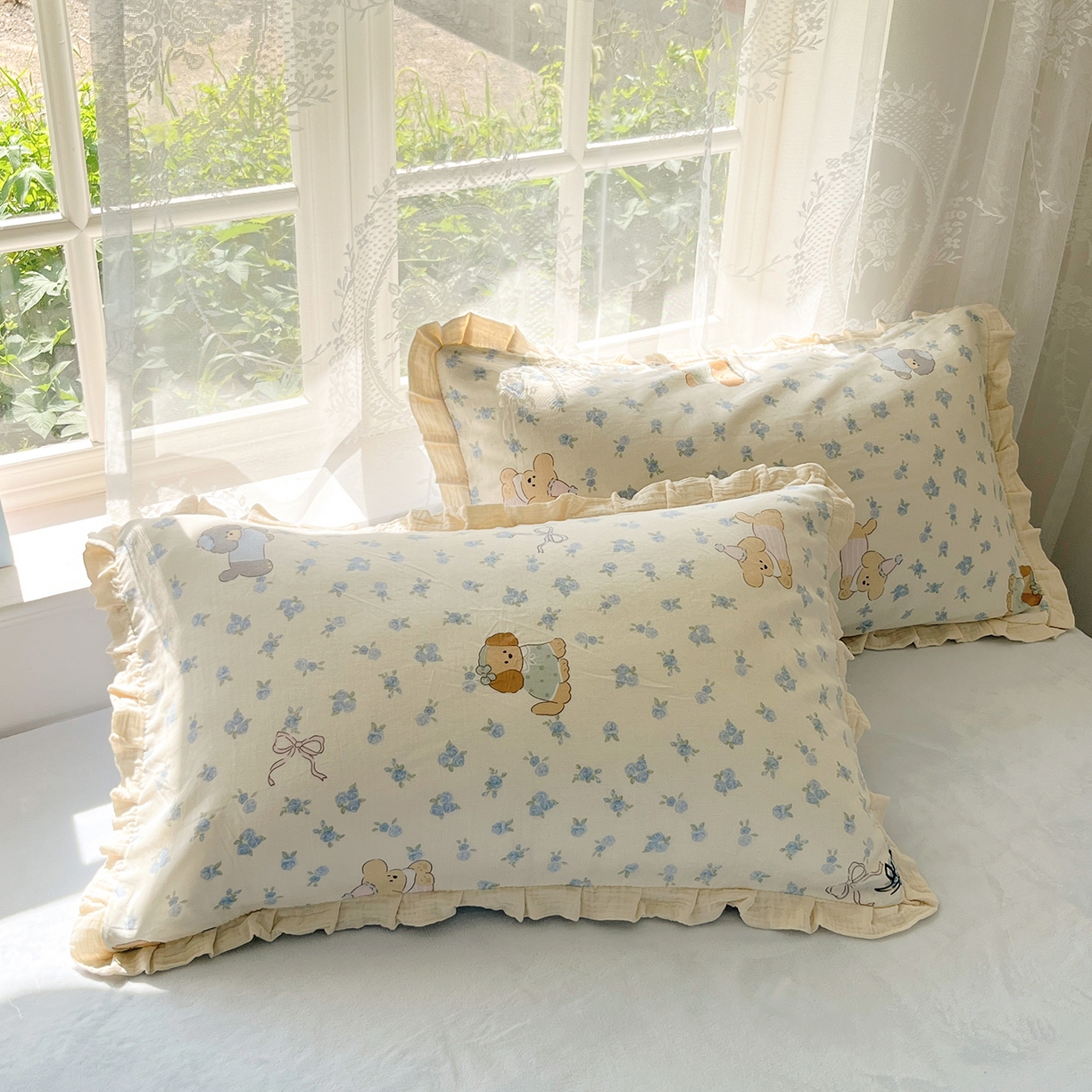 91家纺网 家纺一手货源 找家纺 桃子家居 2025新款A类韩版花边皱皱纱纯棉有氧双层纱加全消光加厚牛奶绒高品质棉加绒暖纱绒四件套 暖纱绒-蓝花小狗