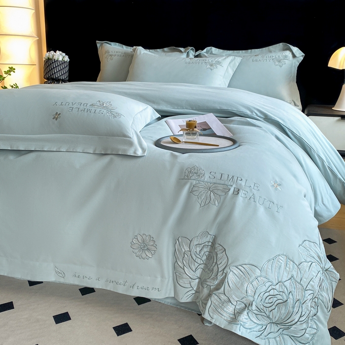 91家纺网 家纺一手货源 找家纺 桃园 新款纯棉全棉长绒棉磨毛不掉毛四件套高端礼盒-赫尔系列 飘蓝