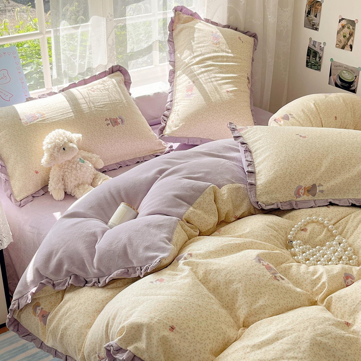 91家纺网 家纺一手货源 找家纺 桃子家居 2025新款A类韩版花边皱皱纱纯棉有氧双层纱加全消光加厚牛奶绒高品质棉加绒暖纱绒四件套 暖纱绒-蝴蝶女孩