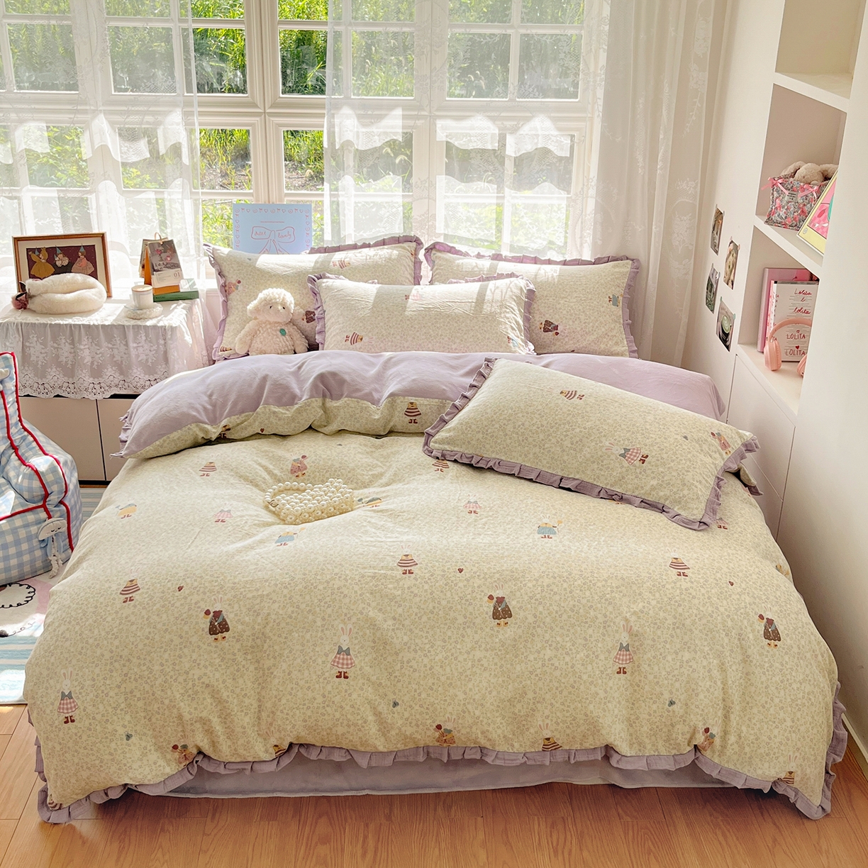 91家纺网 家纺一手货源 找家纺 桃子家居 2025新款A类韩版花边皱皱纱纯棉有氧双层纱加全消光加厚牛奶绒高品质棉加绒暖纱绒四件套 暖纱绒-美美兔