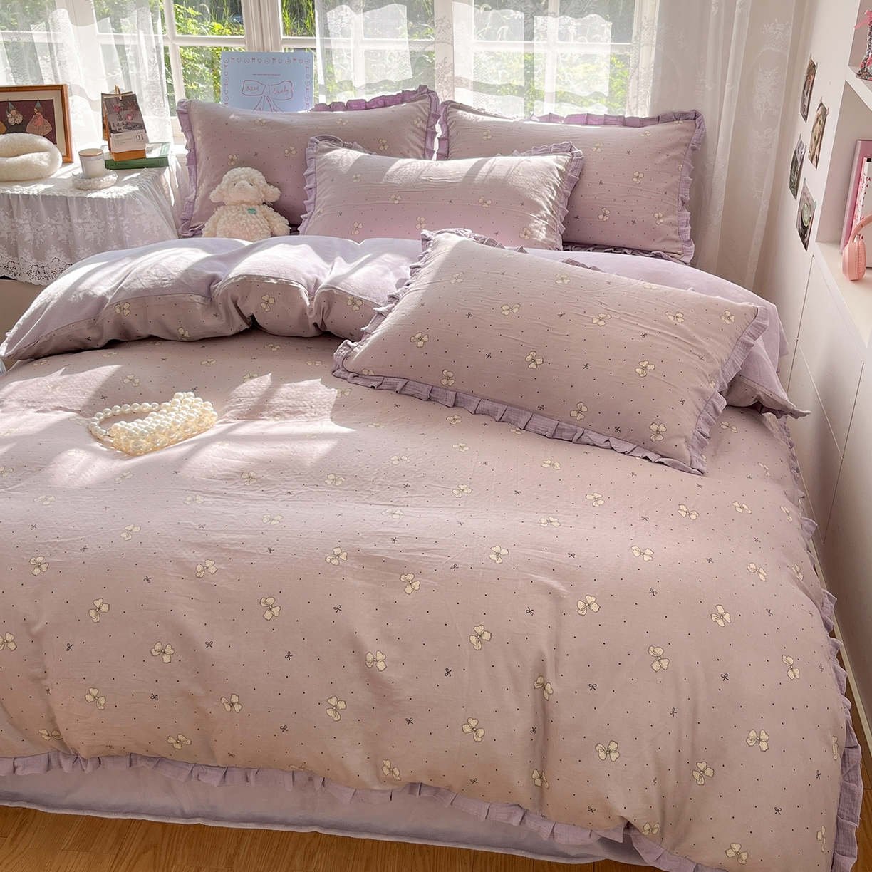 91家纺网 家纺一手货源 找家纺 桃子家居 2025新款A类韩版花边皱皱纱纯棉有氧双层纱加全消光加厚牛奶绒高品质棉加绒暖纱绒四件套 暖纱绒-紫色蝴蝶结