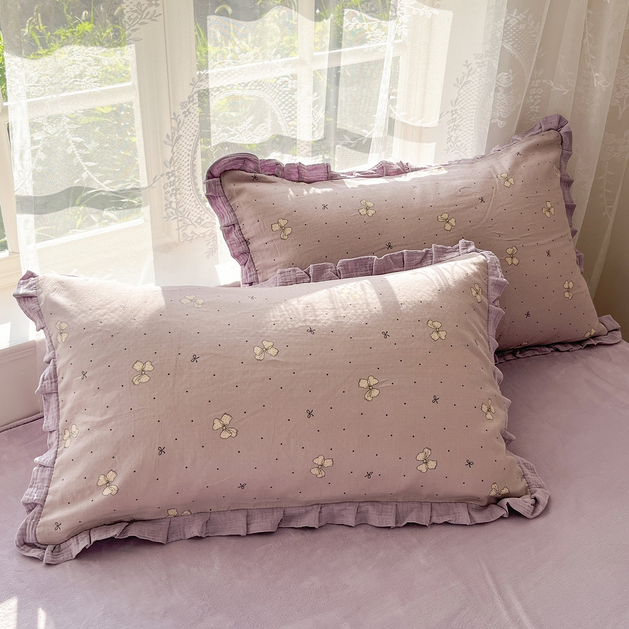 91家纺网 家纺一手货源 找家纺 桃子家居 2025新款A类韩版花边皱皱纱纯棉有氧双层纱加全消光加厚牛奶绒高品质棉加绒暖纱绒四件套 暖纱绒-紫色蝴蝶结