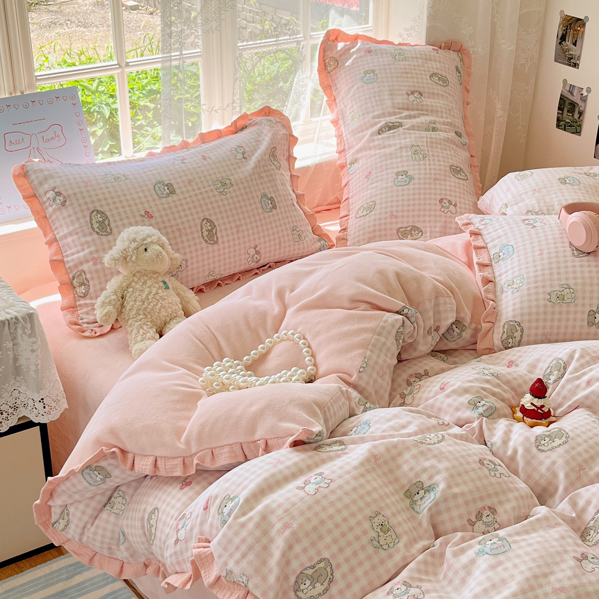 91家纺网 家纺一手货源 找家纺 桃子家居 2025新款A类韩版花边皱皱纱纯棉有氧双层纱加全消光加厚牛奶绒高品质棉加绒暖纱绒四件套 暖纱绒-小甜心