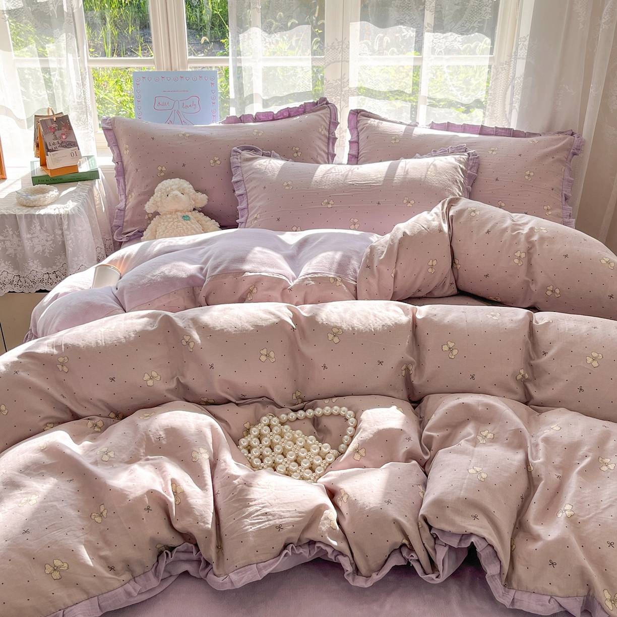 91家纺网 家纺一手货源 找家纺 桃子家居 2025新款A类韩版花边皱皱纱纯棉有氧双层纱加全消光加厚牛奶绒高品质棉加绒暖纱绒四件套 暖纱绒-紫色蝴蝶结