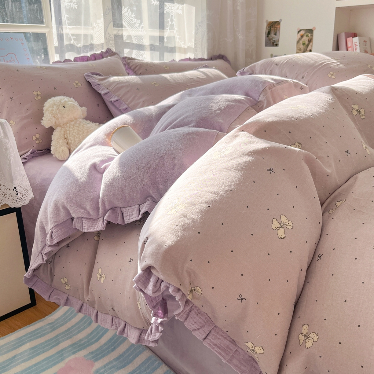 91家纺网 家纺一手货源 找家纺 桃子家居 2025新款A类韩版花边皱皱纱纯棉有氧双层纱加全消光加厚牛奶绒高品质棉加绒暖纱绒四件套 暖纱绒-紫色蝴蝶结
