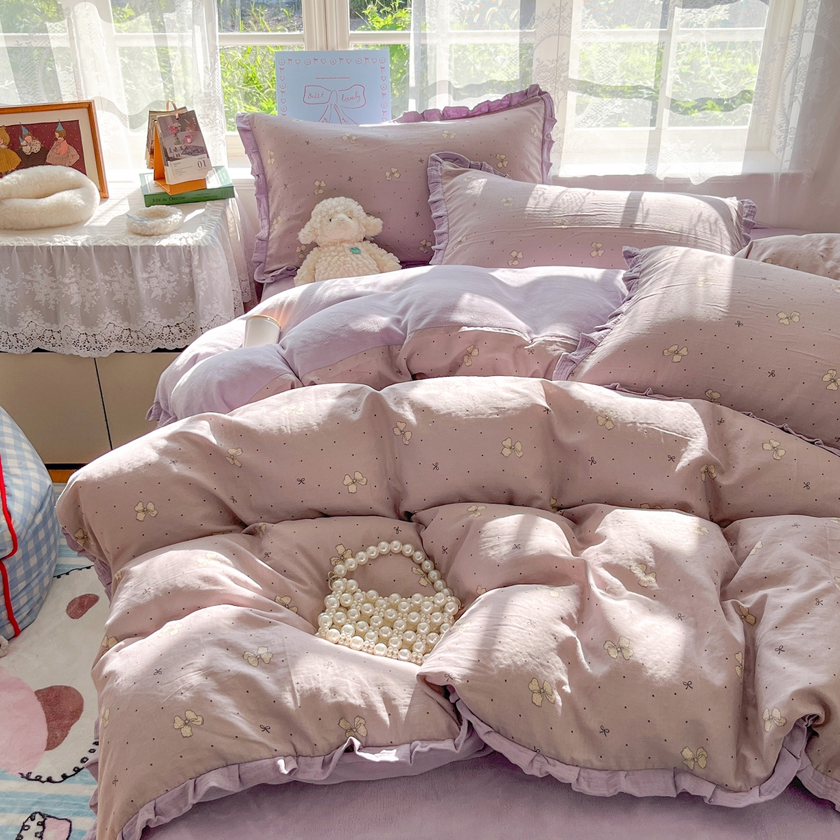 91家纺网 家纺一手货源 找家纺 桃子家居 2025新款A类韩版花边皱皱纱纯棉有氧双层纱加全消光加厚牛奶绒高品质棉加绒暖纱绒四件套 暖纱绒-紫色蝴蝶结