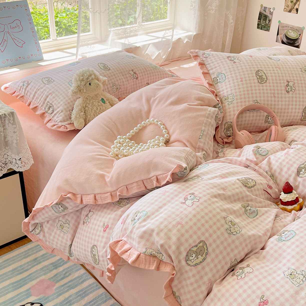 91家纺网 家纺一手货源 找家纺 桃子家居 2025新款A类韩版花边皱皱纱纯棉有氧双层纱加全消光加厚牛奶绒高品质棉加绒暖纱绒四件套 暖纱绒-小甜心