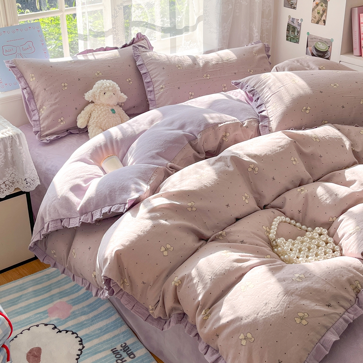 91家纺网 家纺一手货源 找家纺 桃子家居 2025新款A类韩版花边皱皱纱纯棉有氧双层纱加全消光加厚牛奶绒高品质棉加绒暖纱绒四件套 暖纱绒-紫色蝴蝶结