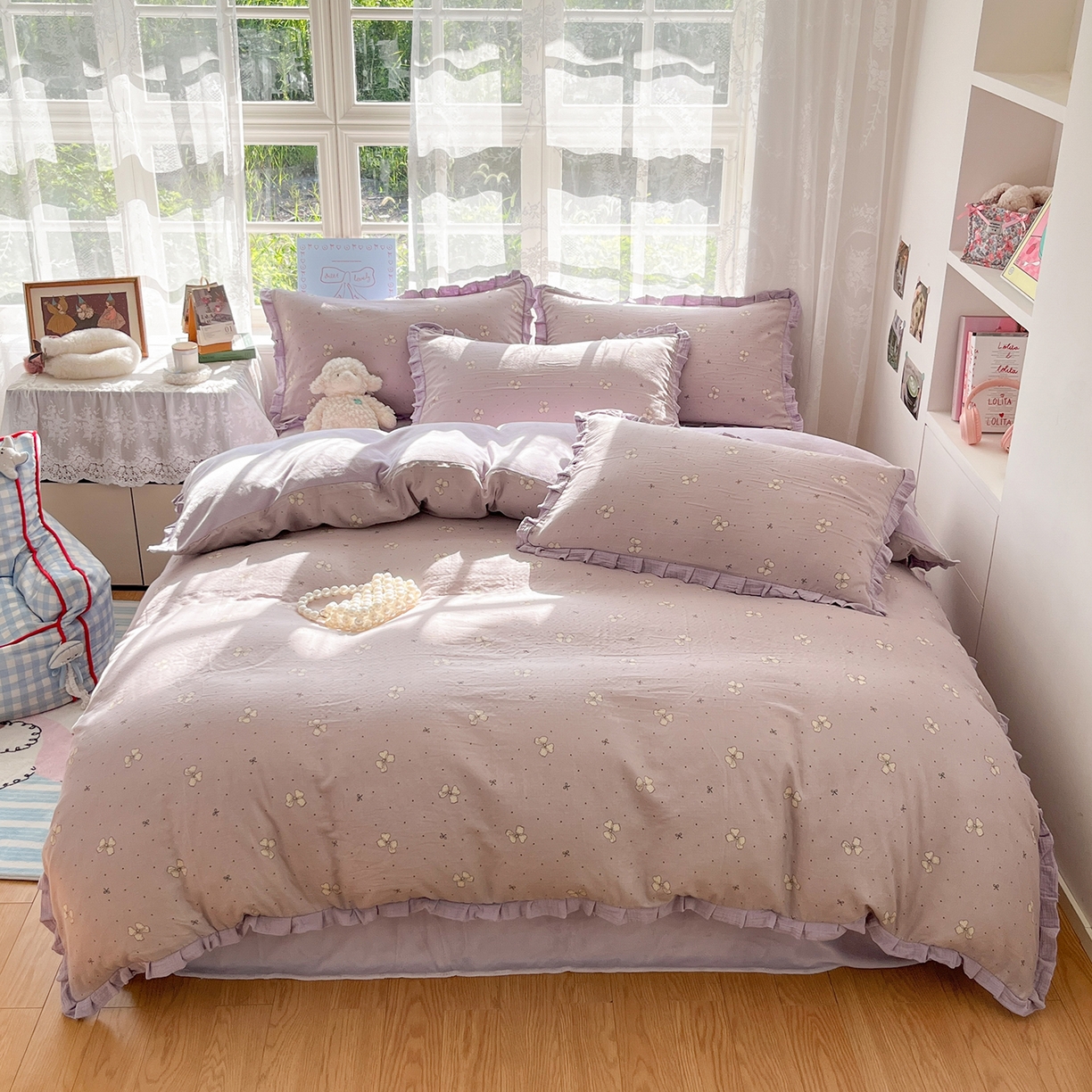 91家纺网 家纺一手货源 找家纺 桃子家居 2025新款A类韩版花边皱皱纱纯棉有氧双层纱加全消光加厚牛奶绒高品质棉加绒暖纱绒四件套 暖纱绒-紫色蝴蝶结