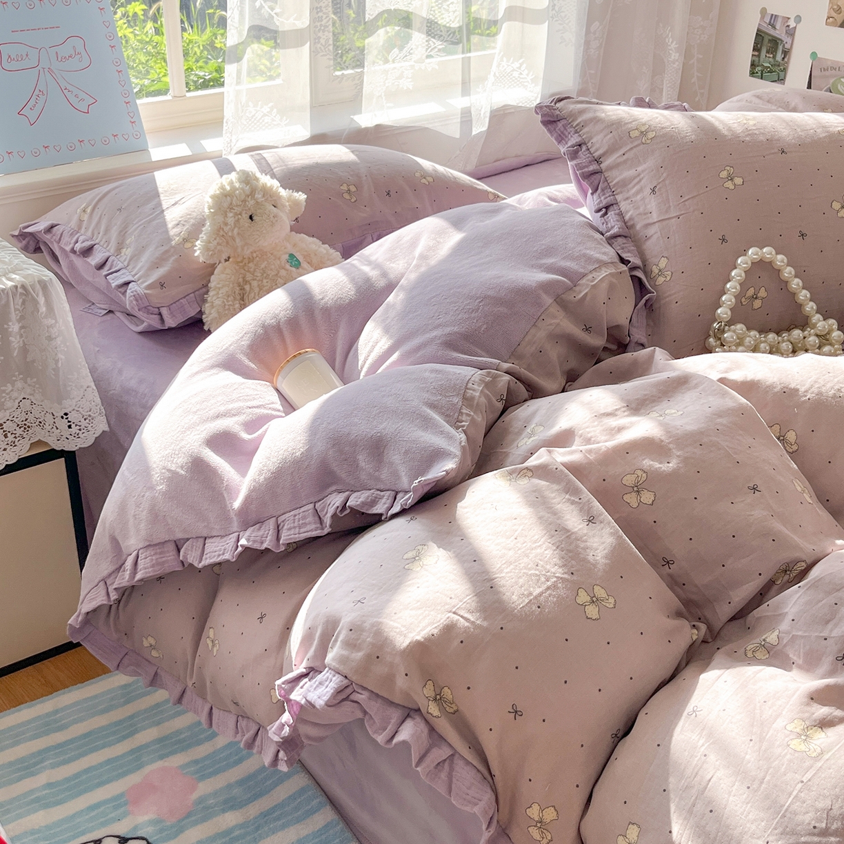 91家纺网 家纺一手货源 找家纺 桃子家居 2025新款A类韩版花边皱皱纱纯棉有氧双层纱加全消光加厚牛奶绒高品质棉加绒暖纱绒四件套 暖纱绒-紫色蝴蝶结