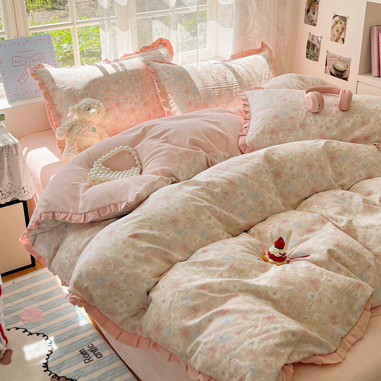 91家纺网 家纺一手货源 找家纺 桃子家居 2025新款A类韩版花边皱皱纱纯棉有氧双层纱加全消光加厚牛奶绒高品质棉加绒暖纱绒四件套 暖纱绒-白茶粉