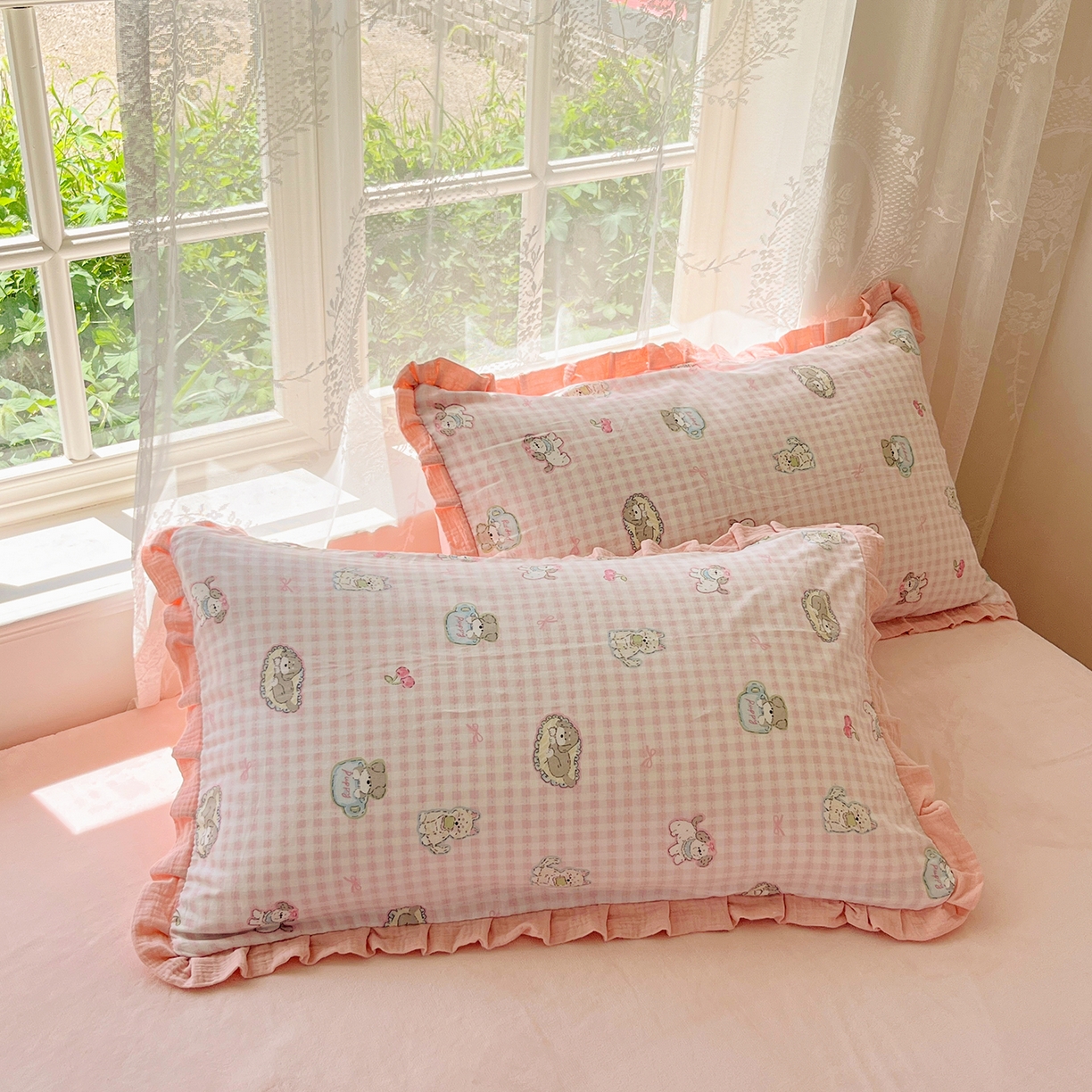 91家纺网 家纺一手货源 找家纺 桃子家居 2025新款A类韩版花边皱皱纱纯棉有氧双层纱加全消光加厚牛奶绒高品质棉加绒暖纱绒四件套 暖纱绒-小甜心