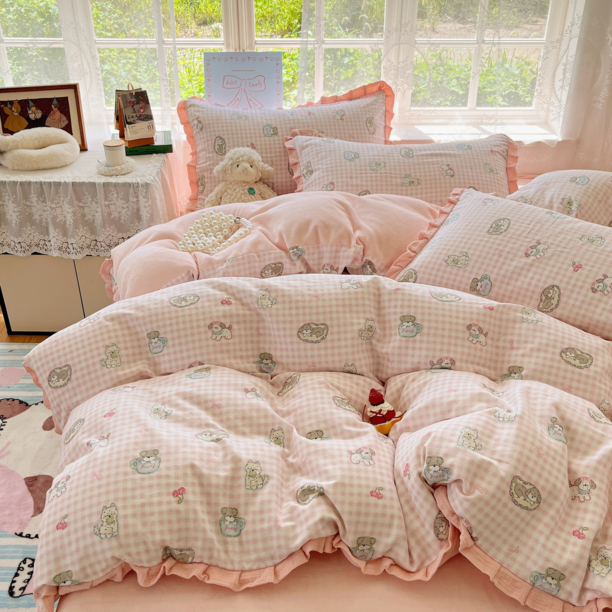 91家纺网 家纺一手货源 找家纺 桃子家居 2025新款A类韩版花边皱皱纱纯棉有氧双层纱加全消光加厚牛奶绒高品质棉加绒暖纱绒四件套 暖纱绒-小甜心