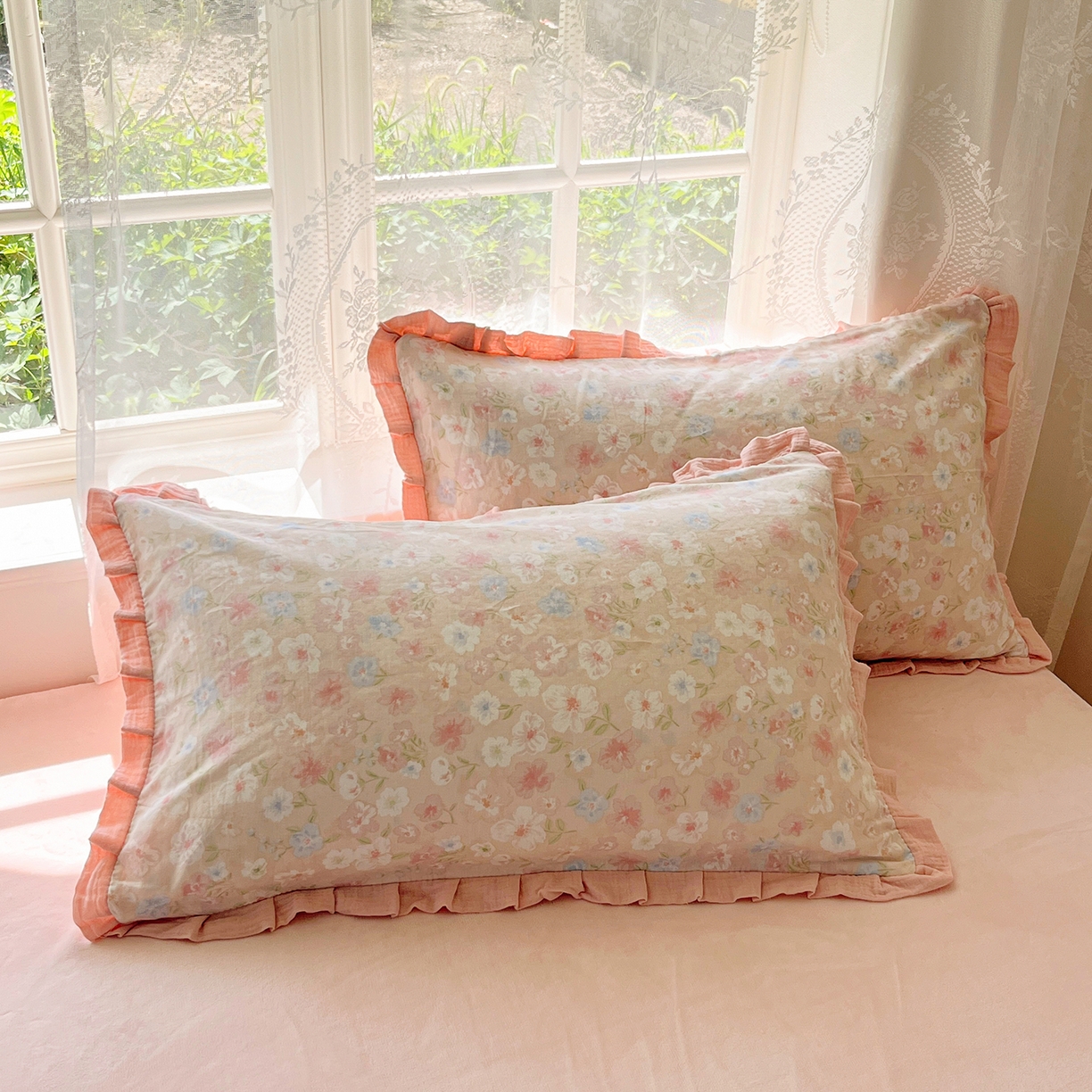 91家纺网 家纺一手货源 找家纺 桃子家居 2025新款A类韩版花边皱皱纱纯棉有氧双层纱加全消光加厚牛奶绒高品质棉加绒暖纱绒四件套 暖纱绒-白茶粉