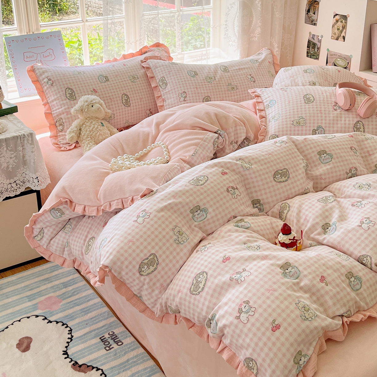 91家纺网 家纺一手货源 找家纺 桃子家居 2025新款A类韩版花边皱皱纱纯棉有氧双层纱加全消光加厚牛奶绒高品质棉加绒暖纱绒四件套 暖纱绒-小甜心