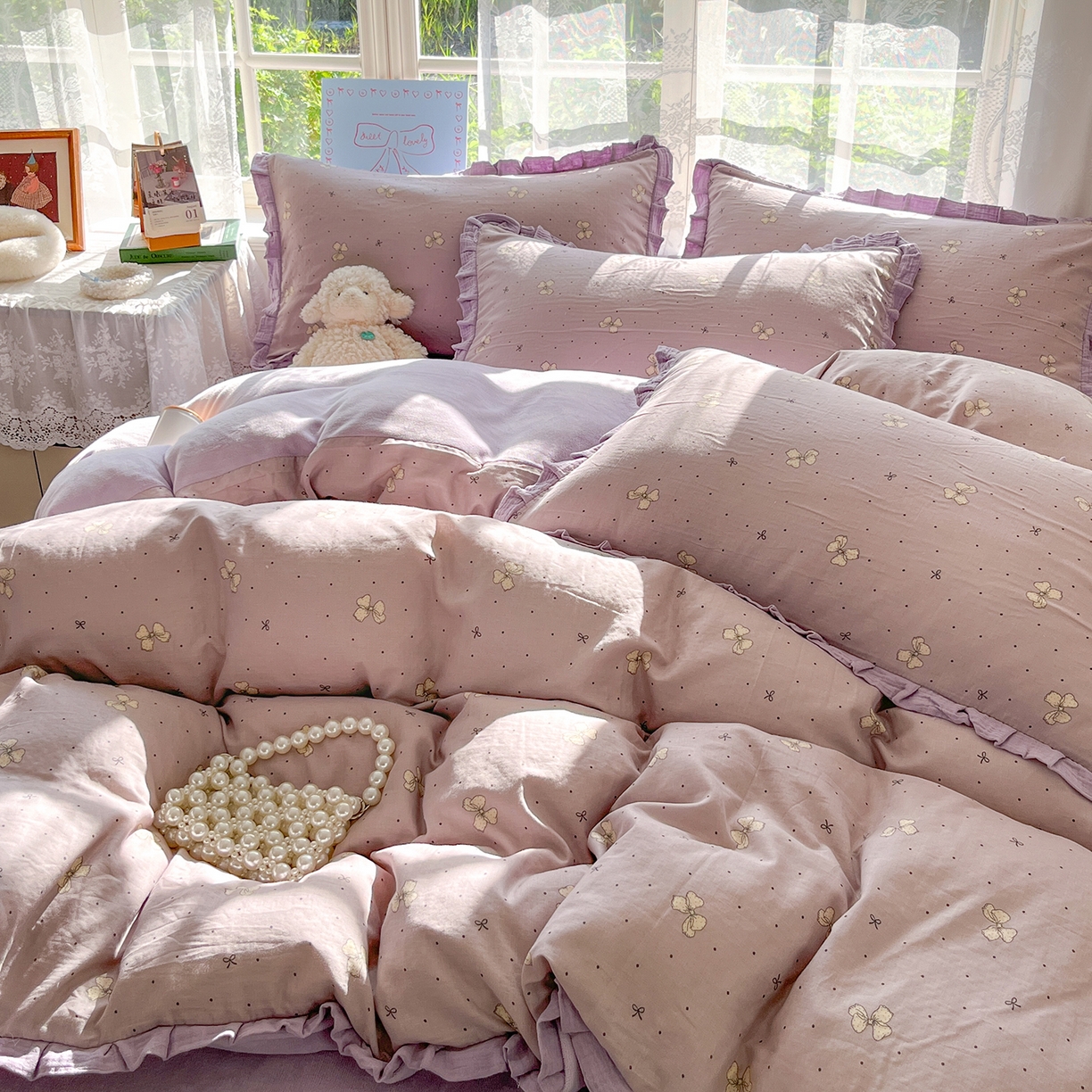 91家纺网 家纺一手货源 找家纺 桃子家居 2025新款A类韩版花边皱皱纱纯棉有氧双层纱加全消光加厚牛奶绒高品质棉加绒暖纱绒四件套 暖纱绒-紫色蝴蝶结