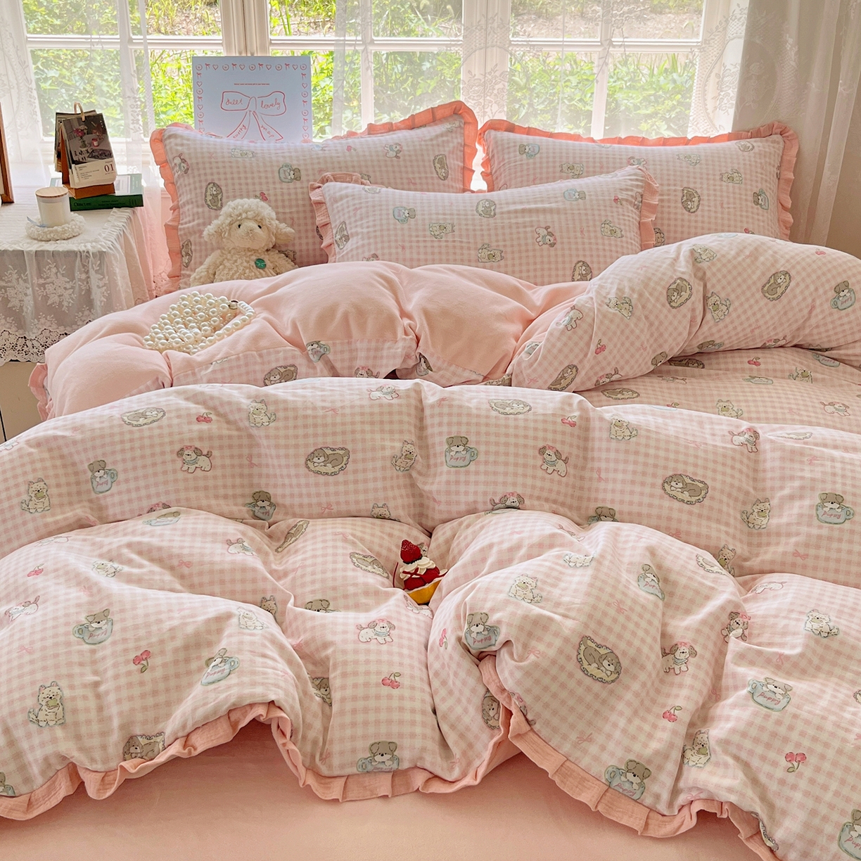 91家纺网 家纺一手货源 找家纺 桃子家居 2025新款A类韩版花边皱皱纱纯棉有氧双层纱加全消光加厚牛奶绒高品质棉加绒暖纱绒四件套 暖纱绒-小甜心