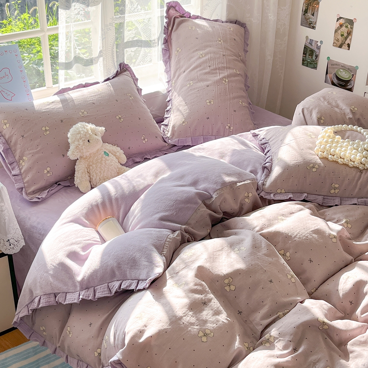 91家纺网 家纺一手货源 找家纺 桃子家居 2025新款A类韩版花边皱皱纱纯棉有氧双层纱加全消光加厚牛奶绒高品质棉加绒暖纱绒四件套 暖纱绒-紫色蝴蝶结