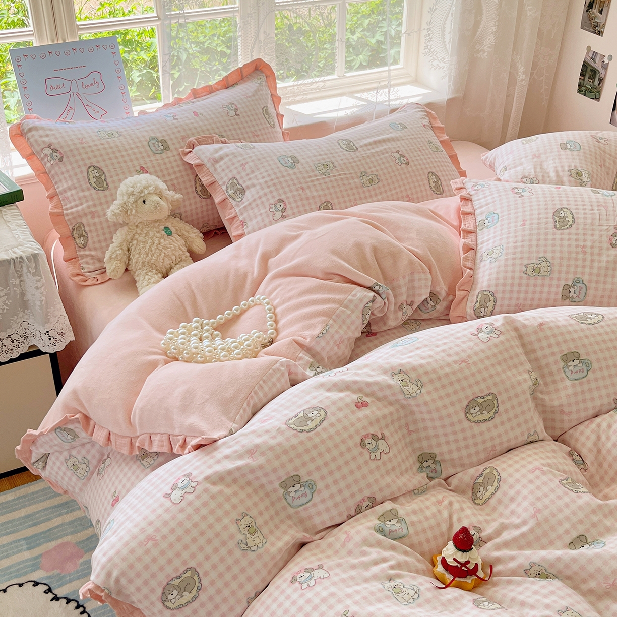 91家纺网 家纺一手货源 找家纺 桃子家居 2025新款A类韩版花边皱皱纱纯棉有氧双层纱加全消光加厚牛奶绒高品质棉加绒暖纱绒四件套 暖纱绒-小甜心