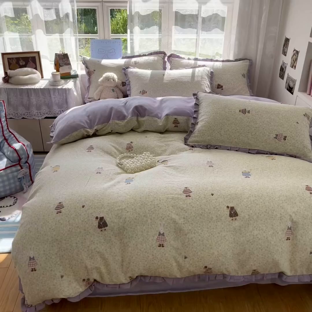 91家纺网 家纺一手货源 找家纺 桃子家居 2025新款A类韩版花边皱皱纱纯棉有氧双层纱加全消光加厚牛奶绒高品质棉加绒暖纱绒四件套 暖纱绒-美美兔