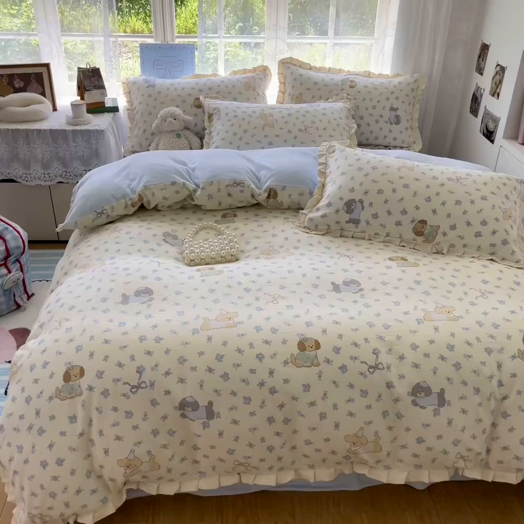 91家纺网 家纺一手货源 找家纺 桃子家居 2025新款A类韩版花边皱皱纱纯棉有氧双层纱加全消光加厚牛奶绒高品质棉加绒暖纱绒四件套 暖纱绒-蓝花小狗